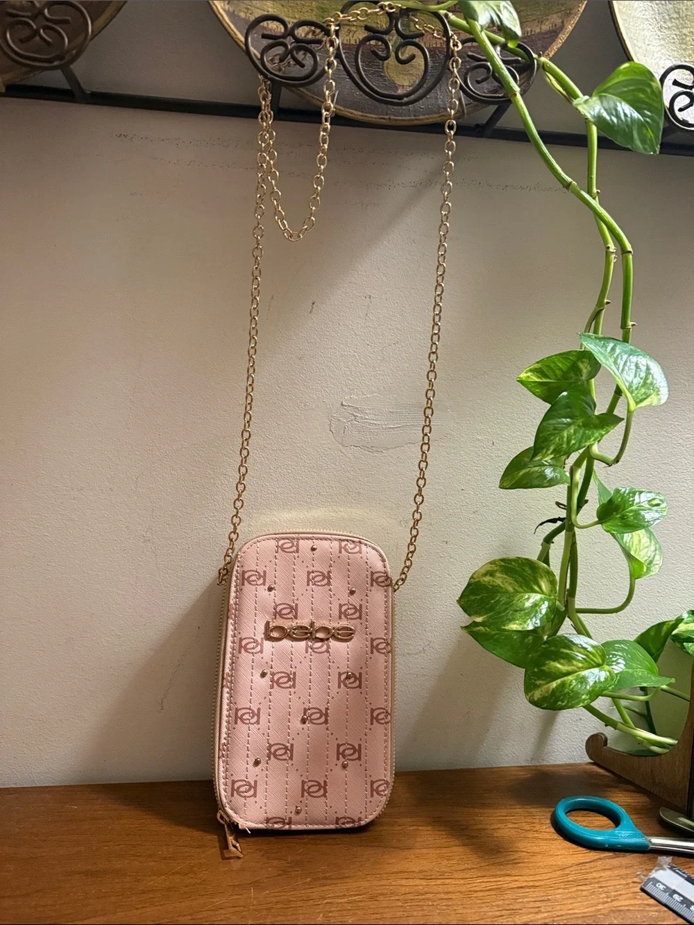 ebe Cream Monogram Metro Phone Crossbody Pouch with Gold Logo
